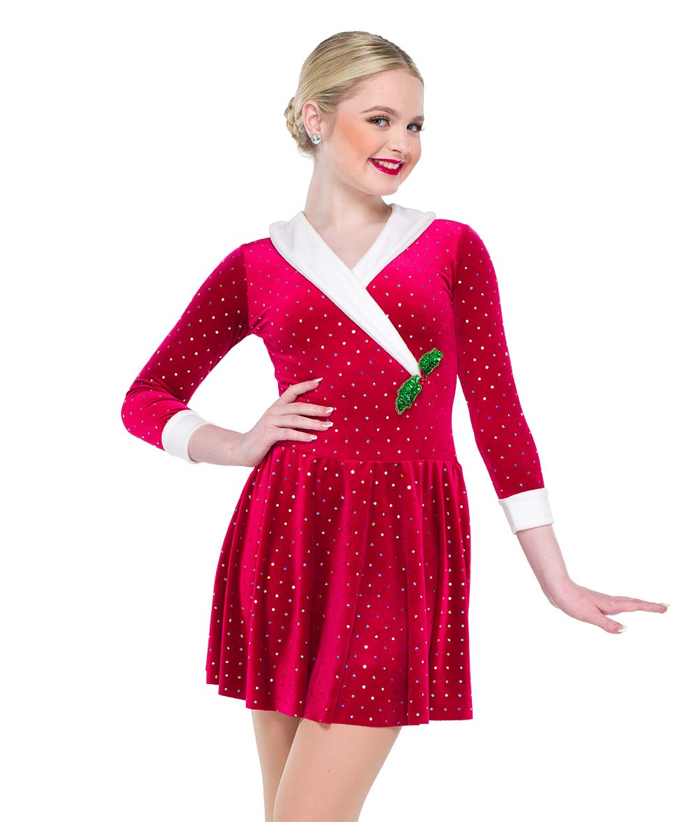 H684 I’ve Got My Love – Red Holiday Velvet Dance Dress with Fleece Trim and Holly Pin