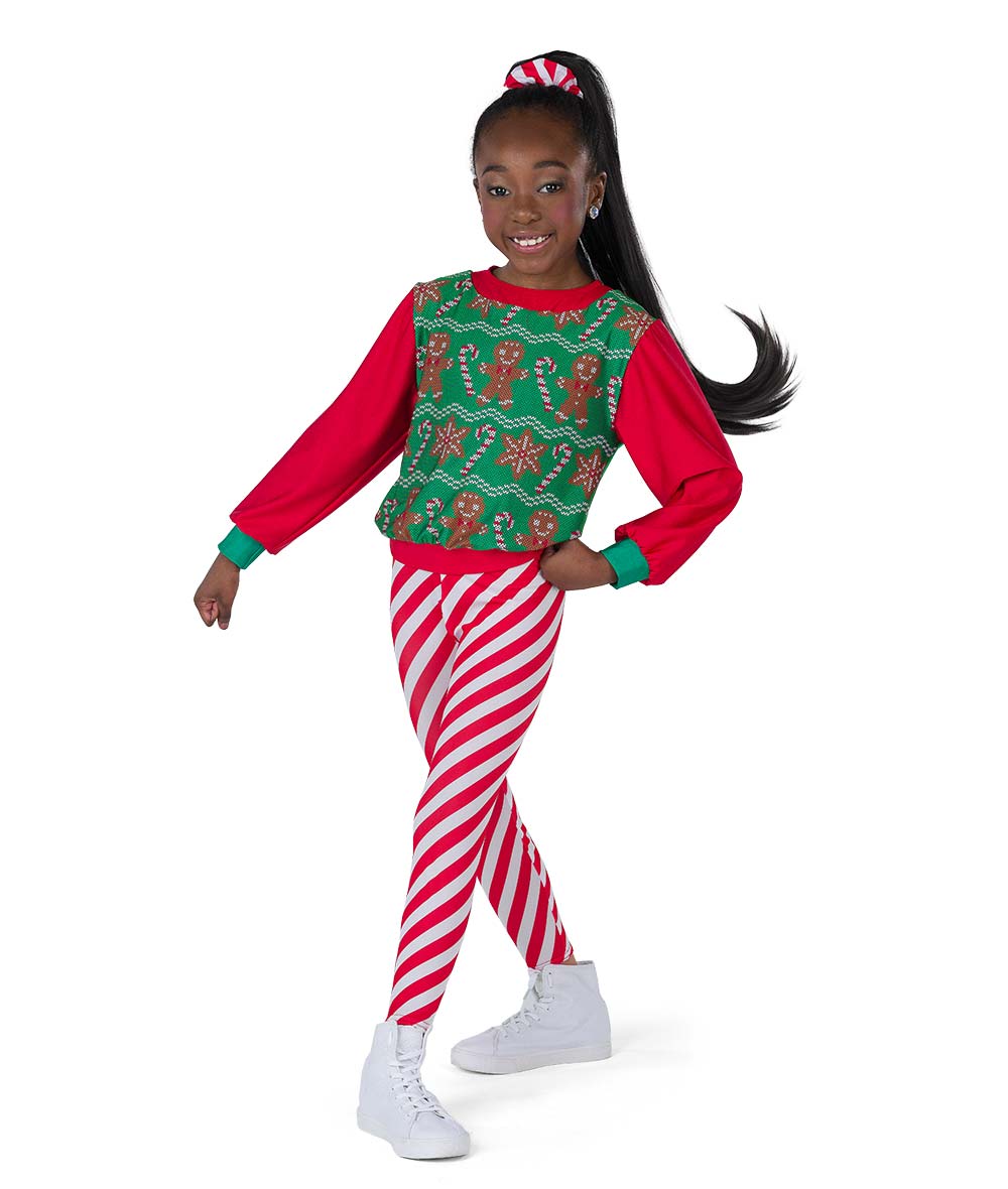 H698 It's Lit – Holiday Hip-Hop Dance Set with Gingerbread Print Top and Candy Cane Leggings