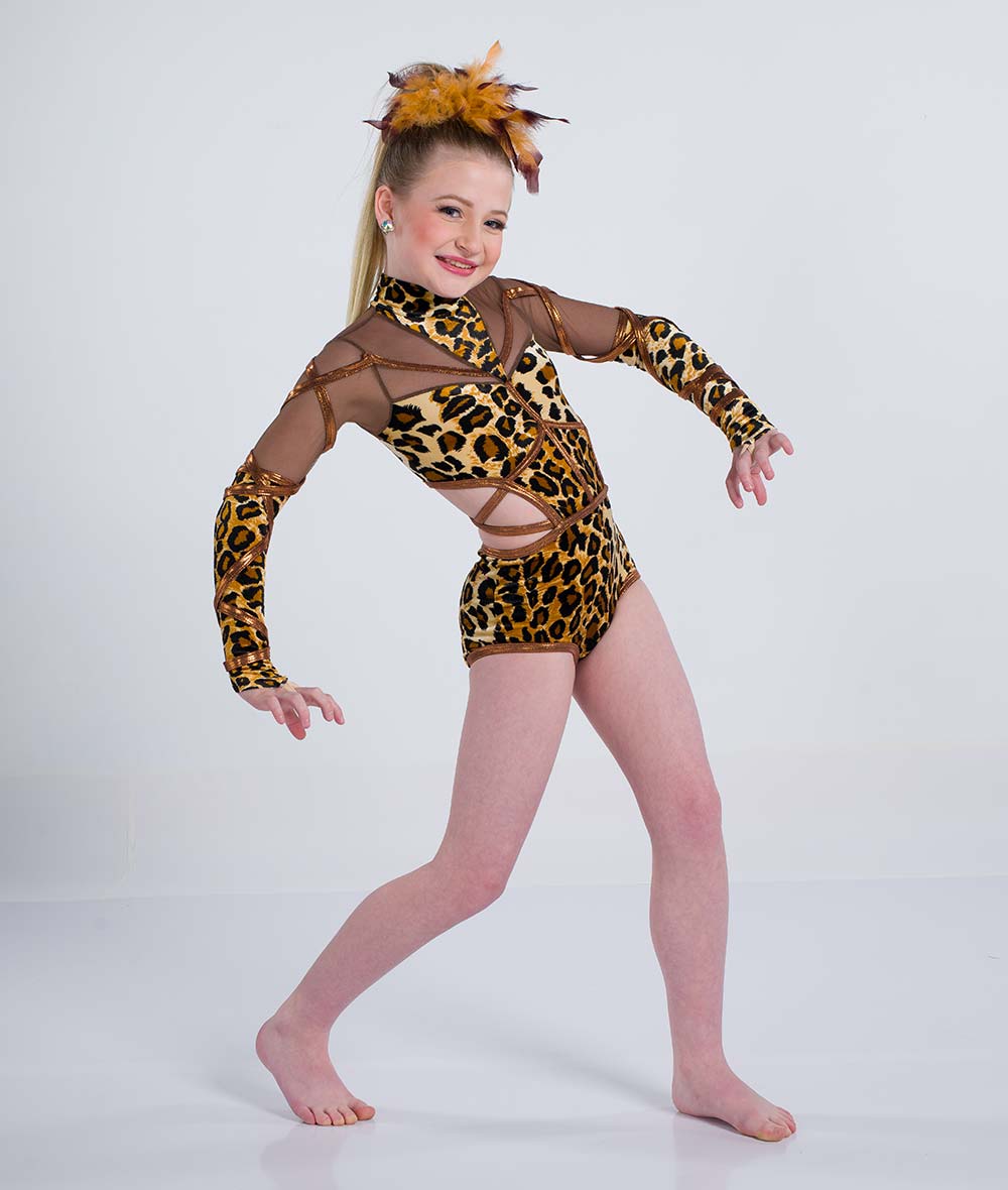 C113 Fearless – Cheetah Print Velvet Mesh Dance Costume Leotard with Cutout for Competition, Recital & Stage Performance