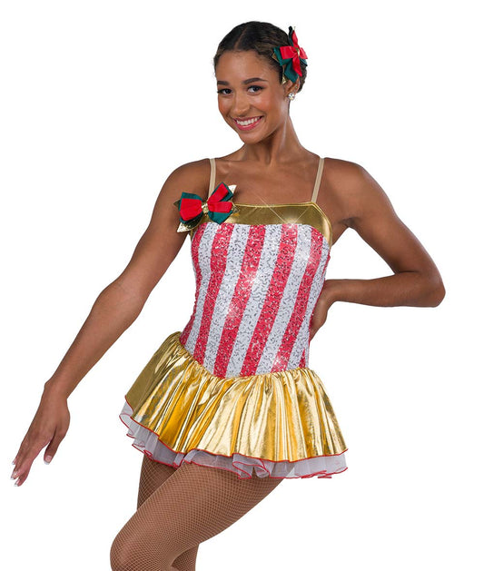 H614Y On the First Day – Holiday Sequin Dance Dress with Gold Foil Skirt and Bow Accents