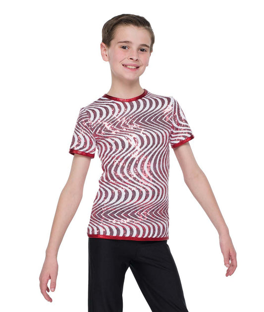 H713 Candy Cane Dreaming Guy Top – Red Holiday Dance Shirt with Wavy Sequin Pattern