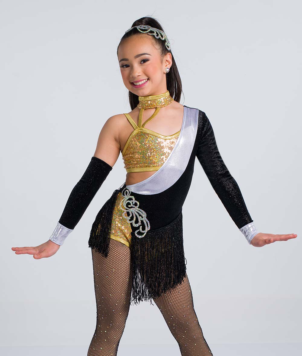 C115 Abracadabra – Glitter Velvet Sequin One-Sleeve Dance Costume Leotard with Rhinestone Applique & Fringe Skirt for Competition, Recital & Stage Performance