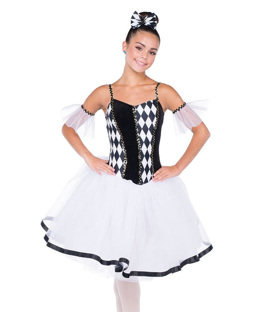 H629 Wind-Up Doll – Harlequin Black & White Ballet Costume with Organza Tutu and Sequin Trim