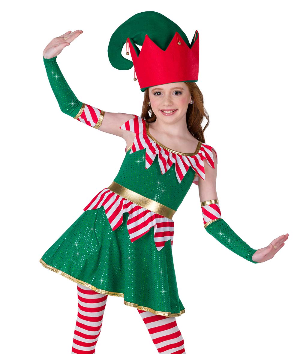 H695 Elves Just Wanna Have Fun – Holiday Elf Dance Costume with Hat and Candy Cane Stripes