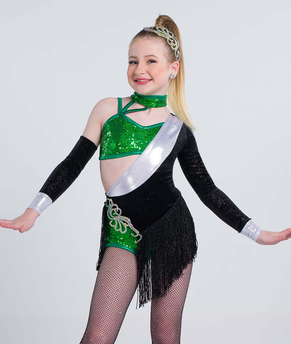 C115 Abracadabra – Glitter Velvet Sequin One-Sleeve Dance Costume Leotard with Rhinestone Applique & Fringe Skirt for Competition, Recital & Stage Performance