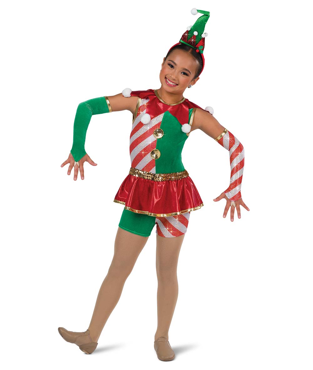 H672 The Jolliest Elf – Holiday Elf Shortall Dance Costume with Pom Poms and Skirt