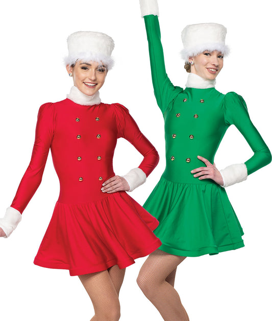 H332 Up on the Housetop – Holiday Dance Dress with Faux Fur Trim and Gold Buttons