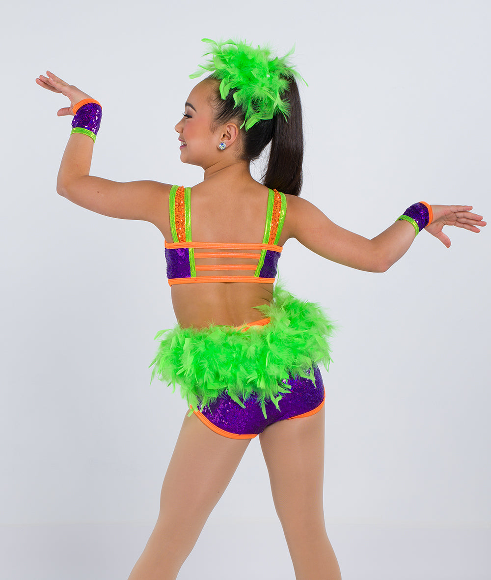 C124 Livin' La Vida Loca – Sequin Spandex Dance Costume Leotard with Open Midriff & Boa Back Skirt for Competition, Recital & Stage Performance