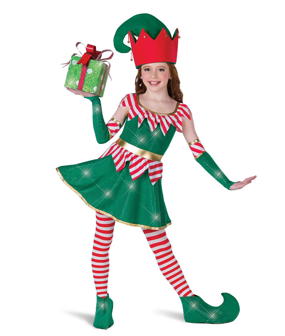 H695 Elves Just Wanna Have Fun – Holiday Elf Dance Costume with Hat and Candy Cane Stripes