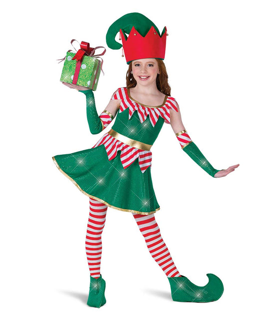 H695 Elves Just Wanna Have Fun – Holiday Elf Dance Costume with Hat and Candy Cane Stripes