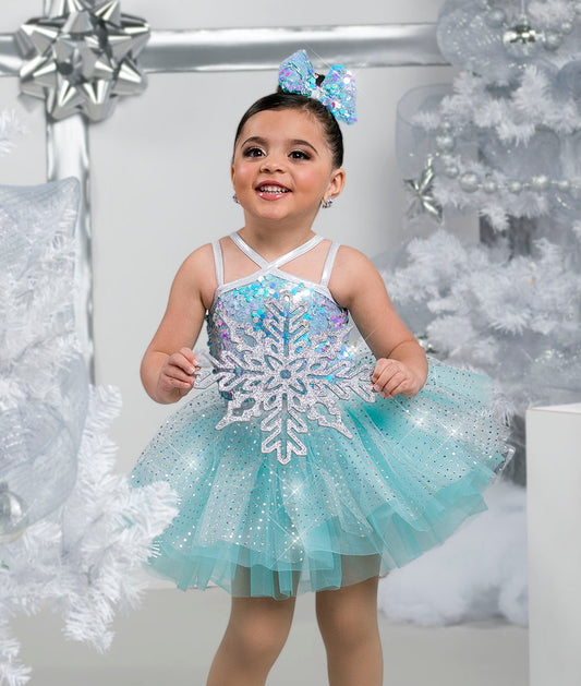 H657 Spirit of the Season – Aqua Toddler Holiday Dance Costume with Sequin Snowflake and Tutu Skirt