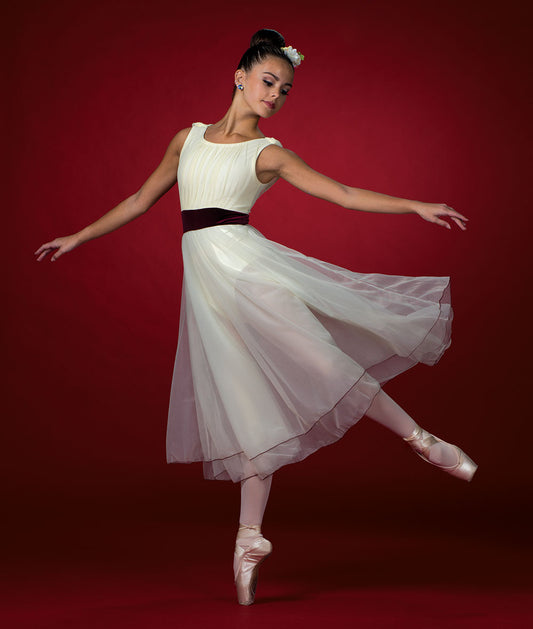 H641Y Somewhere in My Memory – Ivory Ballet Dress with Layered Mesh Skirt and Velvet Waistband