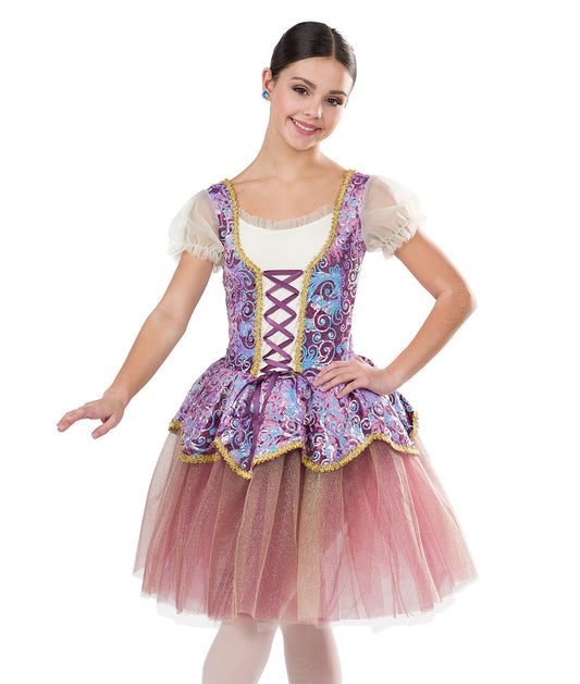 23034Y Belle – Purple Scroll Sequin Ballet Costume with Ribbon Bodice and Organza Sleeves