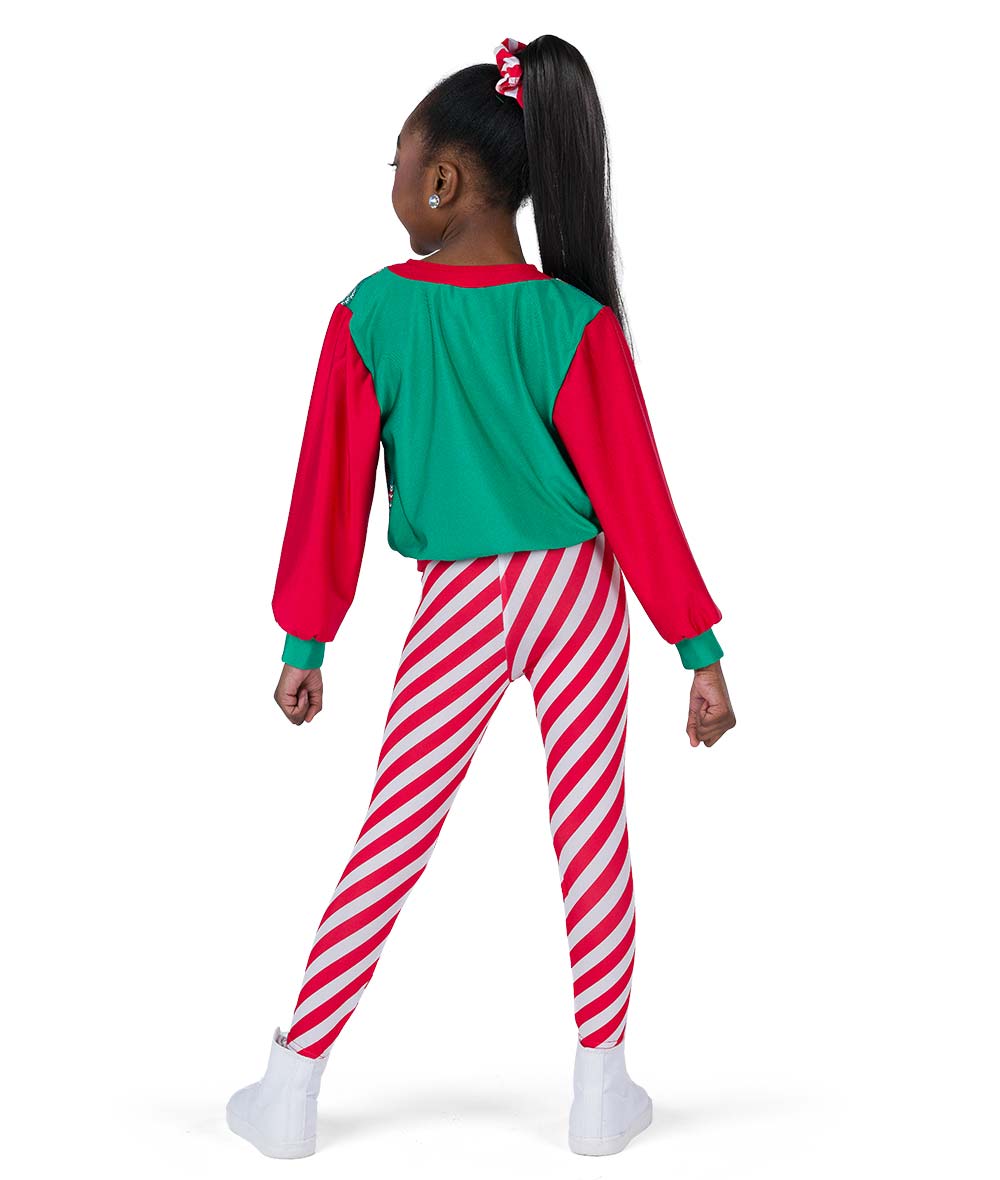 H698 It's Lit – Holiday Hip-Hop Dance Set with Gingerbread Print Top and Candy Cane Leggings