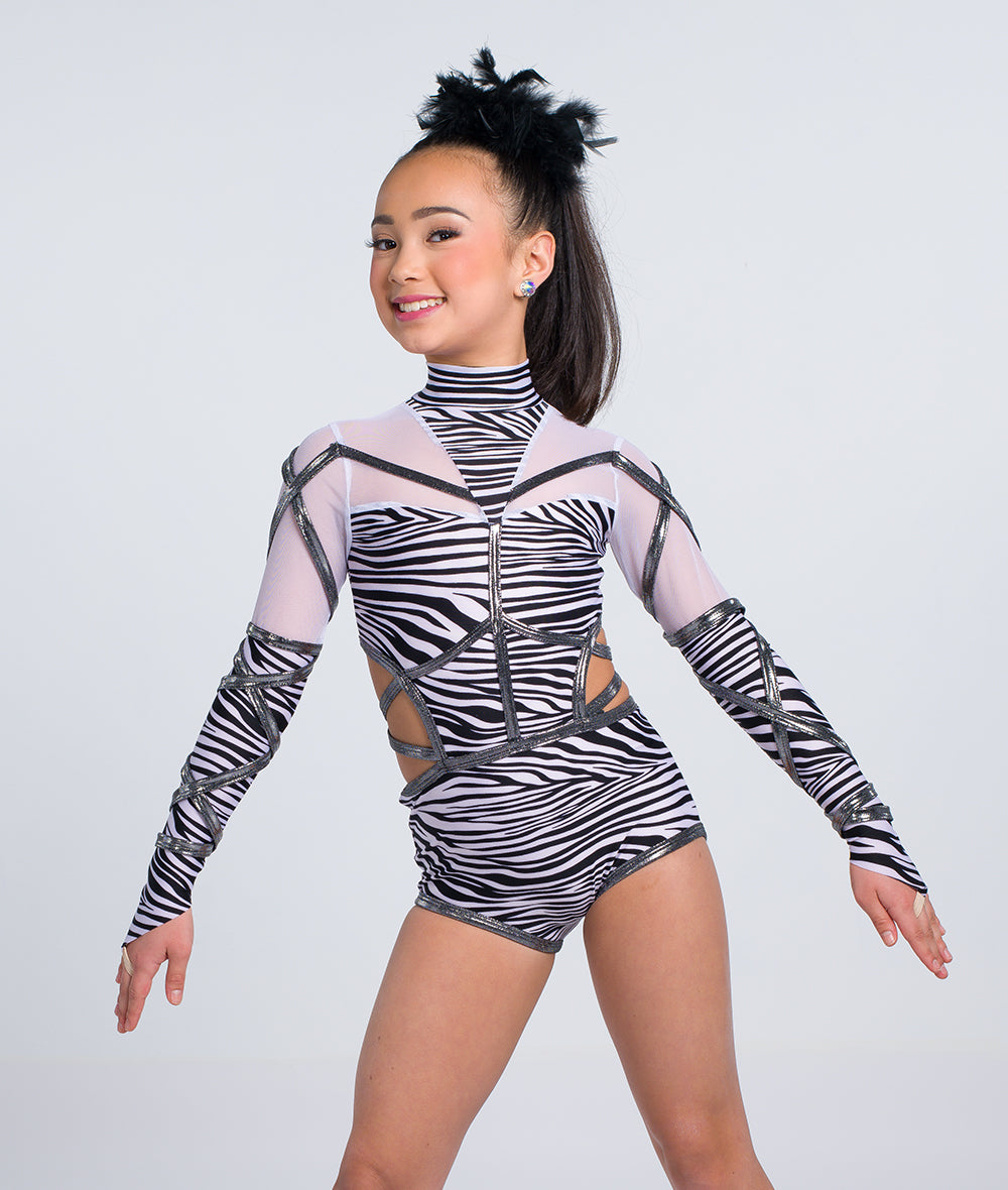 C125 I Ran – Zebra Print Spandex Mesh Dance Costume Leotard with Cutout for Competition, Recital & Stage Performance