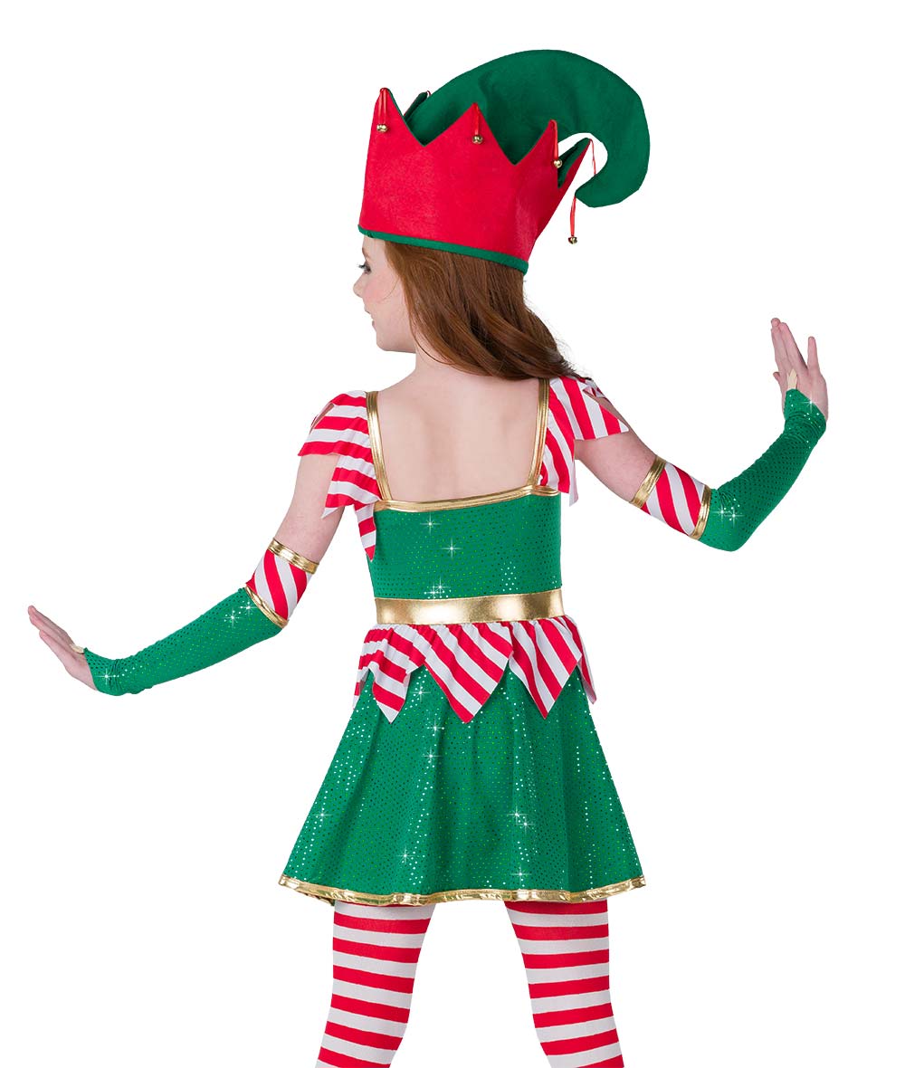 H695 Elves Just Wanna Have Fun – Holiday Elf Dance Costume with Hat and Candy Cane Stripes
