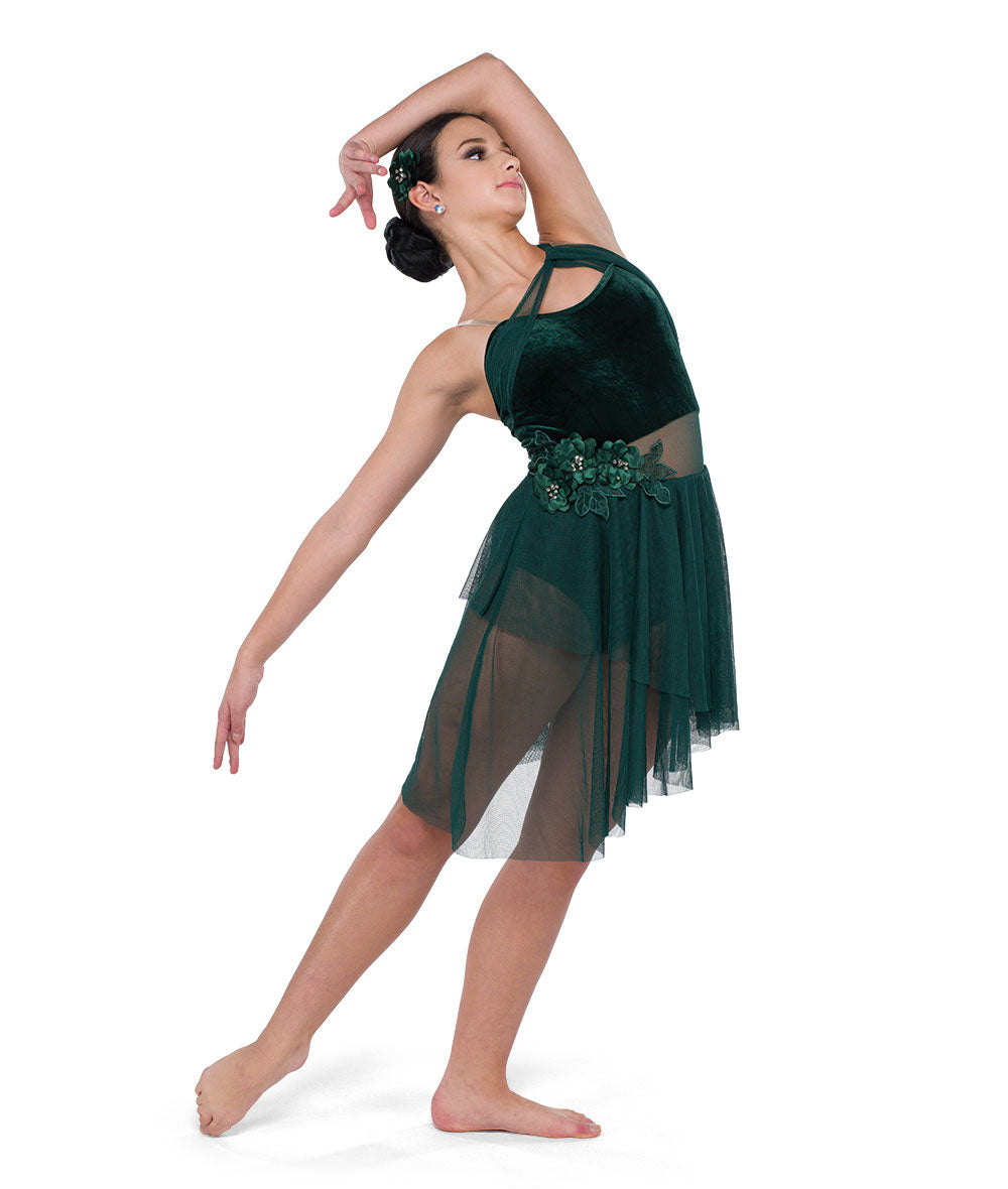 25086Y Feel Like This – Velvet Lyrical Dance Costume with Asymmetrical Mesh Skirt and Floral Applique