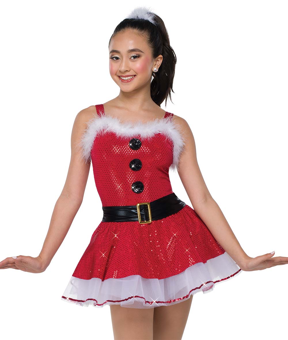 H712 Dear Santa – Red Sequin Holiday Dance Dress with Marabou Trim and Belt
