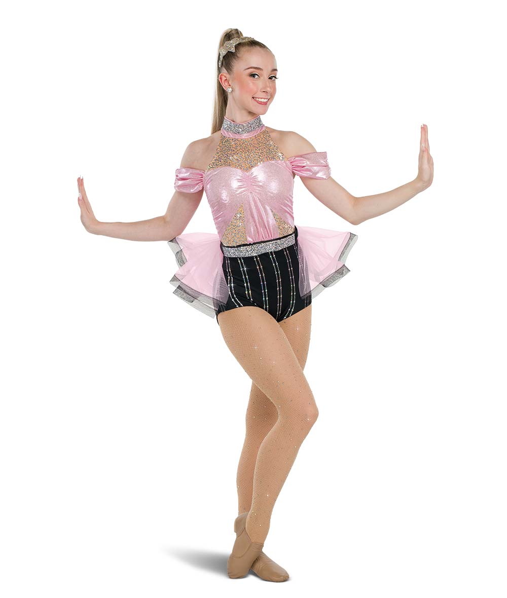 C114 Moonlit Floor – Sequin Foil Spandex Dance Costume Leotard with Rhinestone Choker & Back Bustle for Competition, Recital & Stage Performance