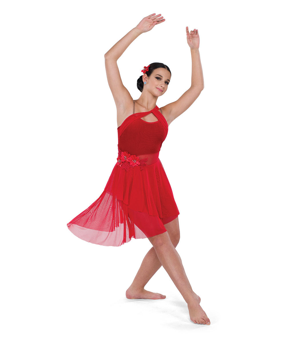 25086Y Feel Like This – Velvet Lyrical Dance Costume with Asymmetrical Mesh Skirt and Floral Applique