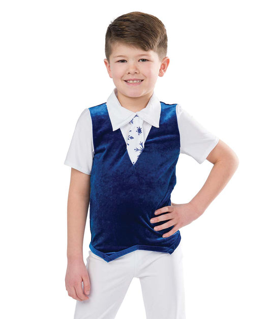 H609N Little Snowflake Boy Top – Royal Blue Velvet Holiday Dance Shirt with Snowflake Tie