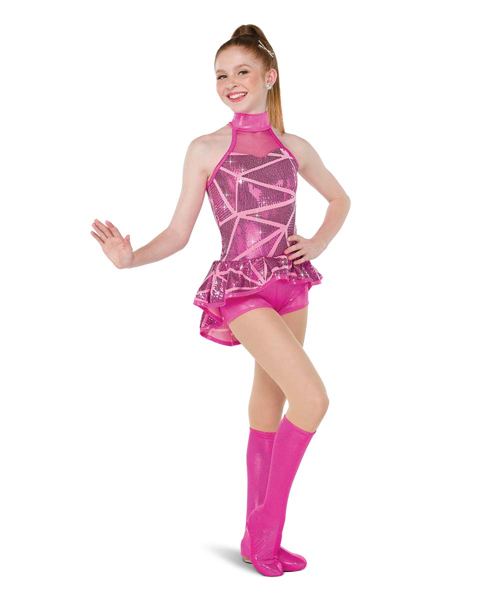 26267 I Like The Way – Sequin Shard Dance Shortall with High-Low Skirt and Mesh Yoke
