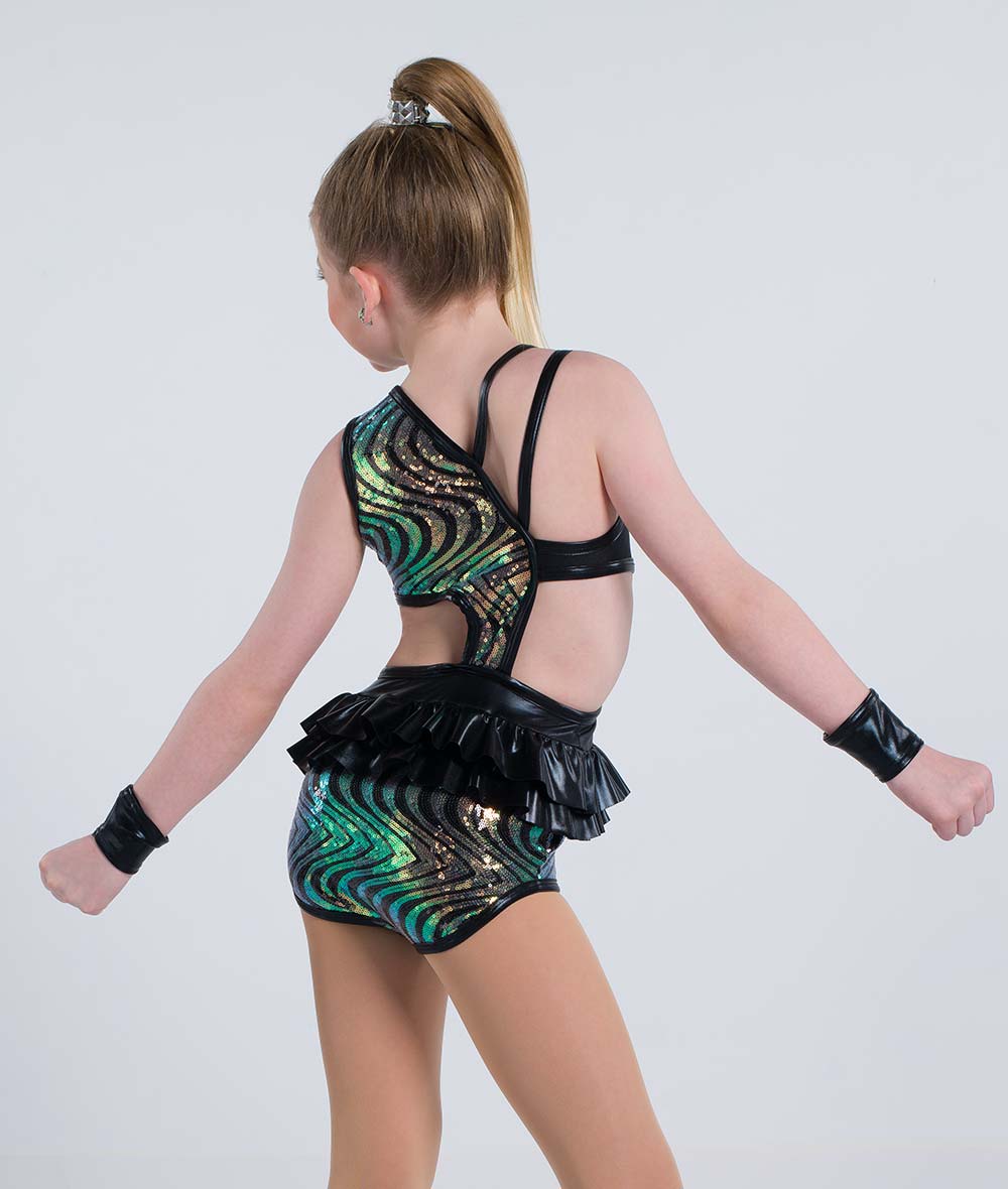 C107 Unbroken – Wavy Sequin Spandex Foil Dance Costume Leotard with Ruffle Skirt for Competition, Recital & Stage Performance