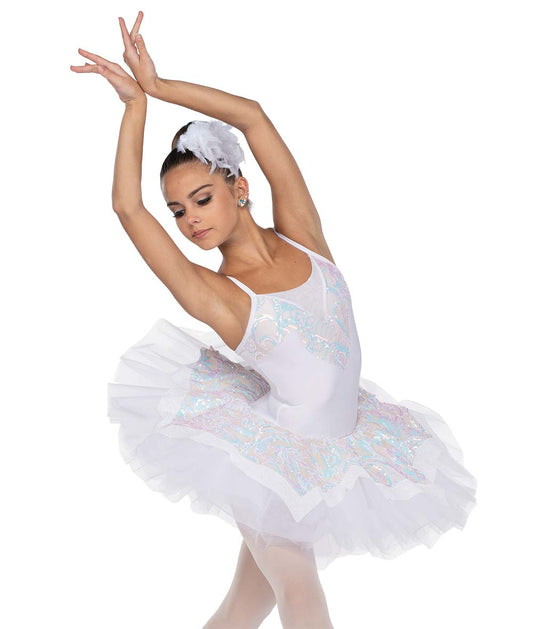 24142N Swan Song – Child’s Black & White Sequin Ballet Tutu Dress with Velvet Skirt and Platter Tutu