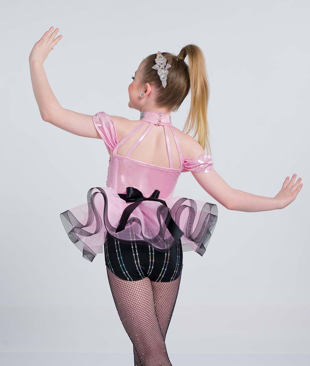 C114 Moonlit Floor – Sequin Foil Spandex Dance Costume Leotard with Rhinestone Choker & Back Bustle for Competition, Recital & Stage Performance
