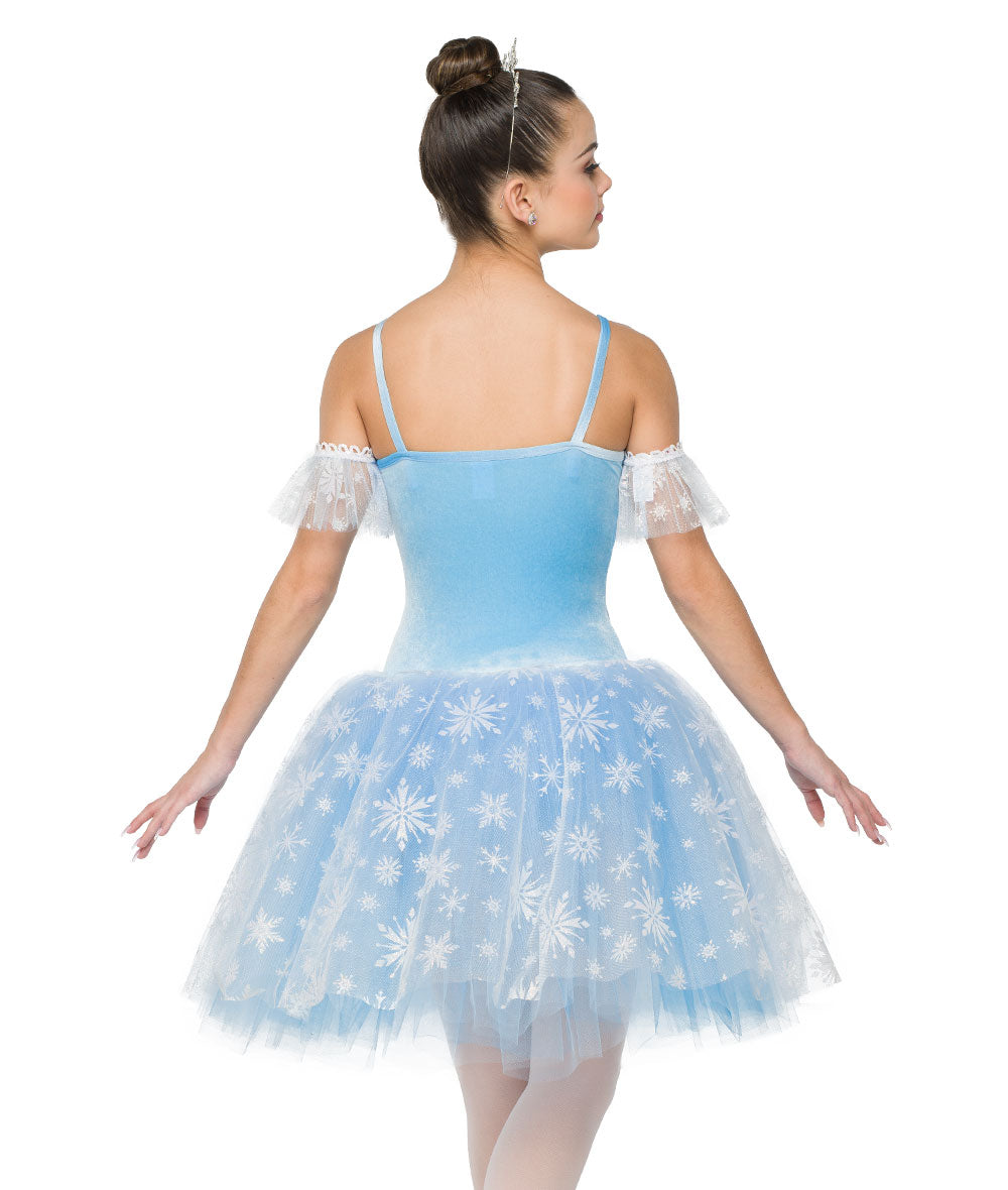 H701 Snowing – Ice Blue Ballet Tutu Dress with Snowflake Mesh and Sequin Trim for Winter Recitals