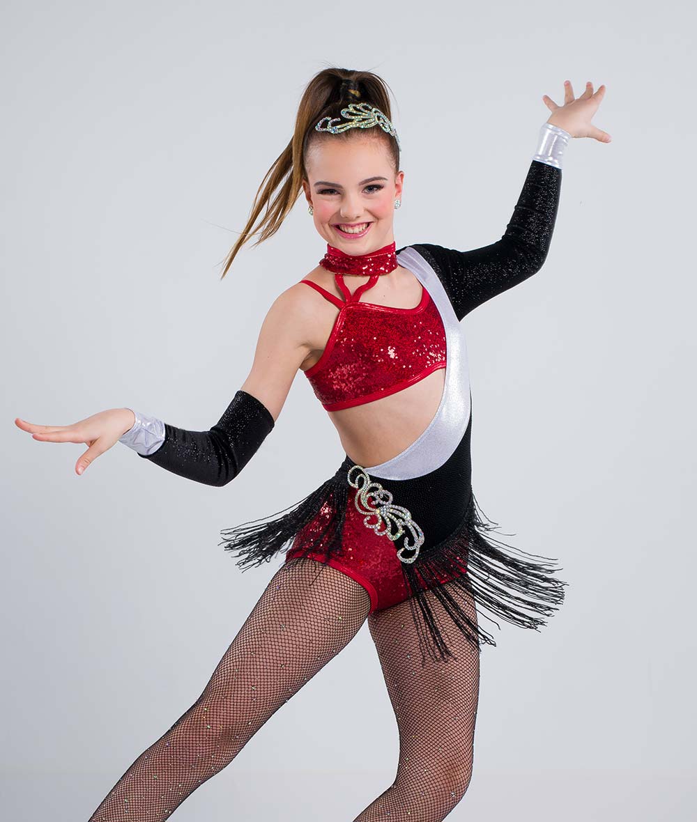C115 Abracadabra – Glitter Velvet Sequin One-Sleeve Dance Costume Leotard with Rhinestone Applique & Fringe Skirt for Competition, Recital & Stage Performance