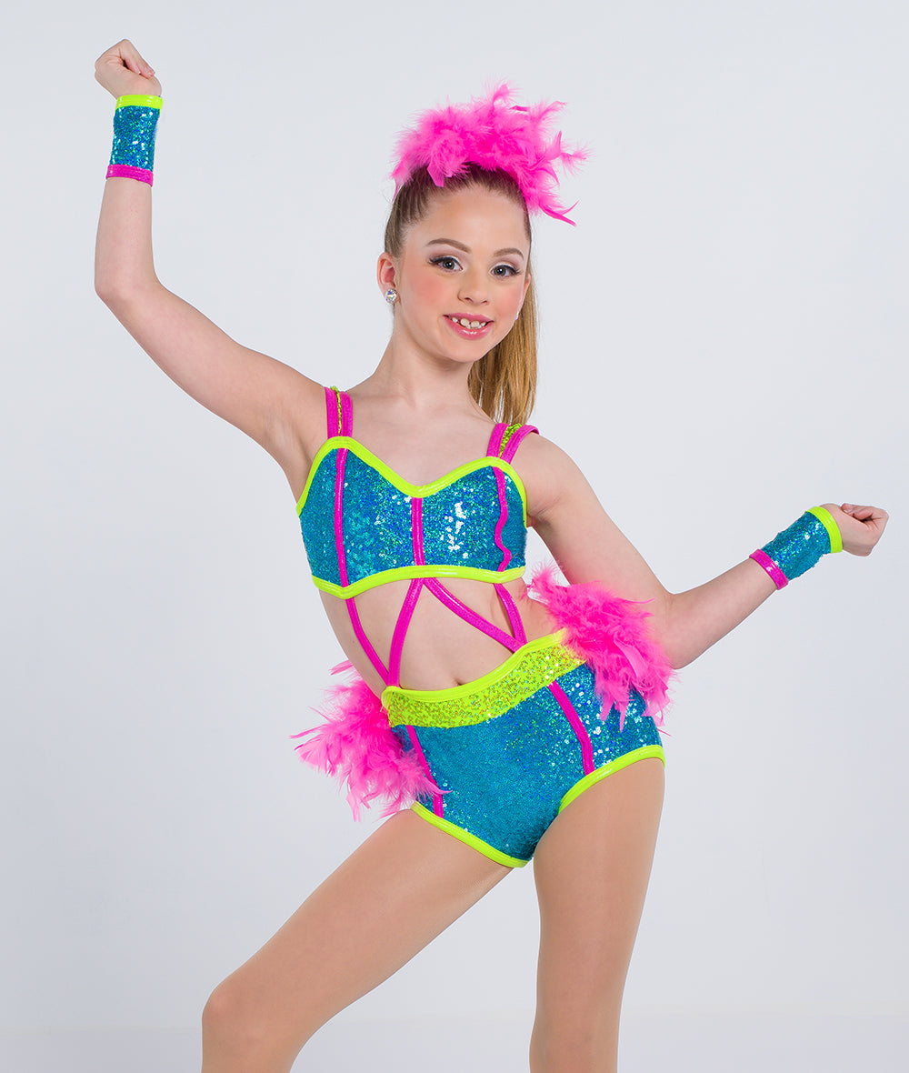 C124 Livin' La Vida Loca – Sequin Spandex Dance Costume Leotard with Open Midriff & Boa Back Skirt for Competition, Recital & Stage Performance
