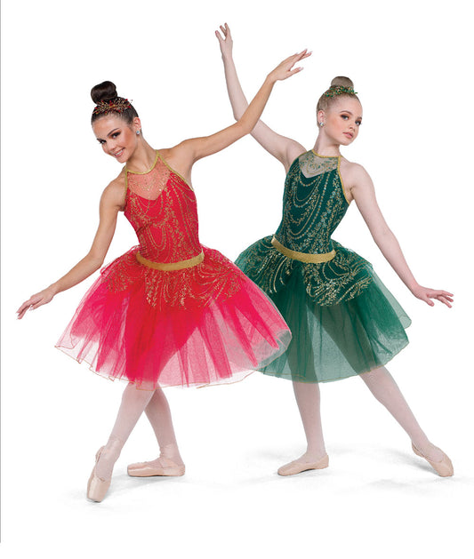 25106Y City of Stars – Child’s Red & Green Sequin Ballet Tutu Dress with Embroidered Tulle and Lettuce-Edged Skirt