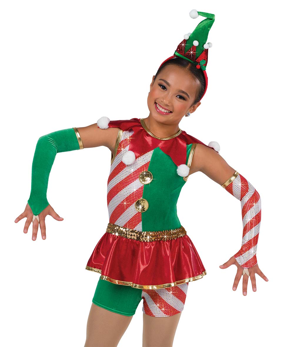 H672 The Jolliest Elf – Holiday Elf Shortall Dance Costume with Pom Poms and Skirt