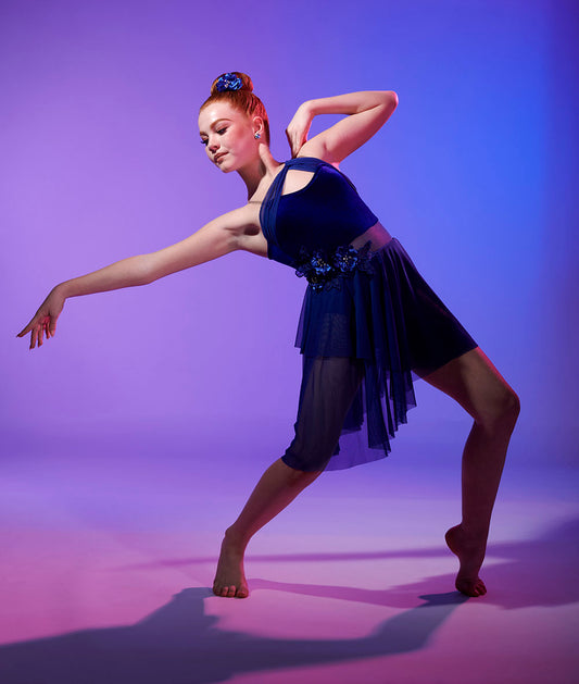 25086Y Feel Like This – Velvet Lyrical Dance Costume with Asymmetrical Mesh Skirt and Floral Applique