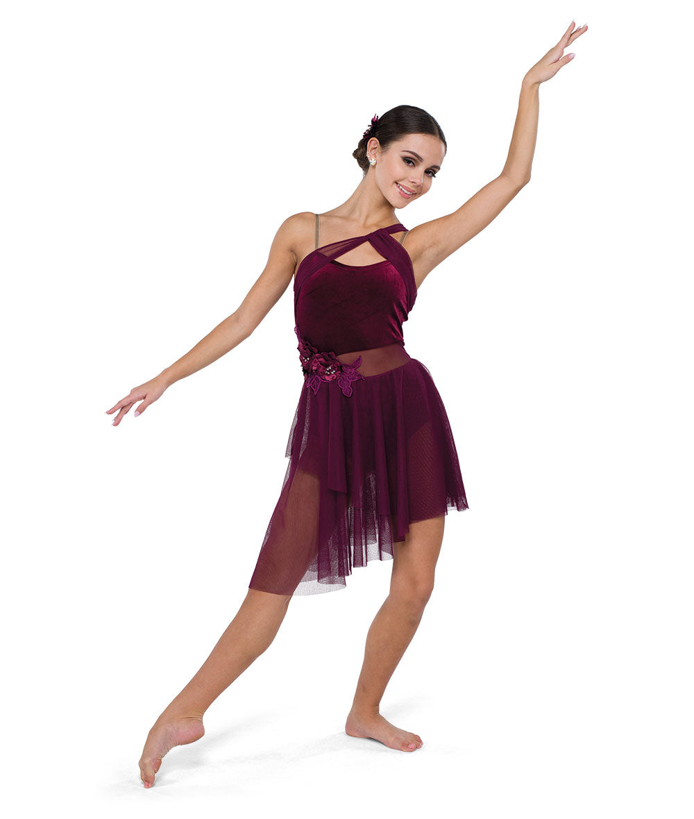 25086Y Feel Like This – Velvet Lyrical Dance Costume with Asymmetrical Mesh Skirt and Floral Applique