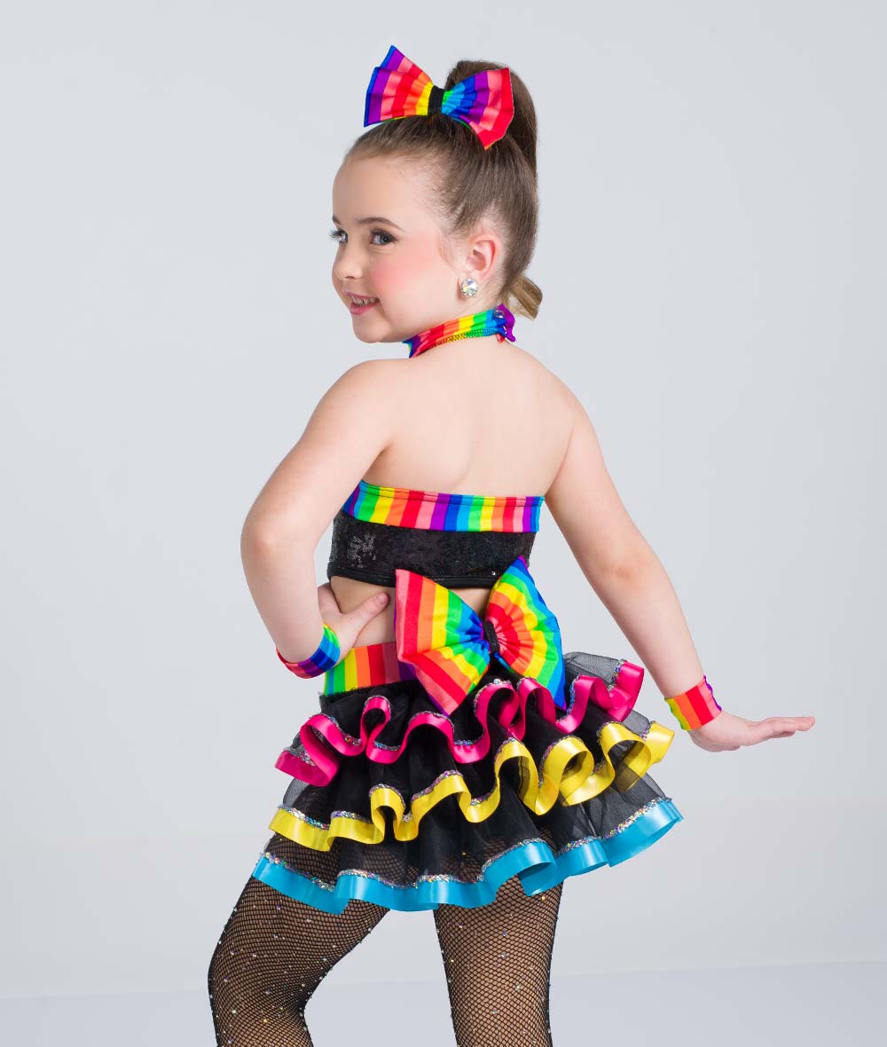 C106 Technicolor – Rainbow Sequin Spandex Dance Costume Leotard with Cutout Midriff & Back Bustle for Competition, Recital & Stage Performance