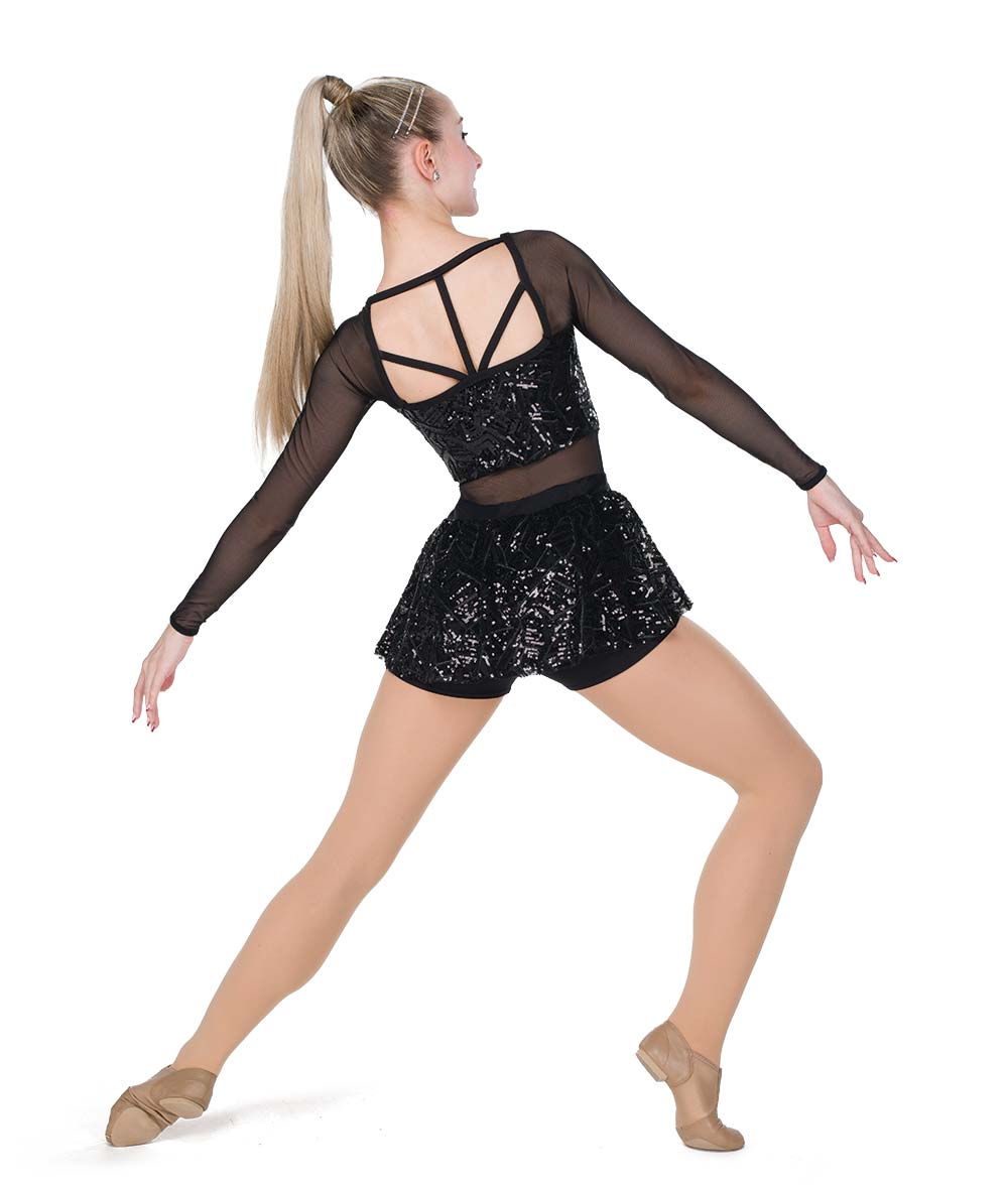 26303 Crowd Control – Geometric Sequin Long Sleeve Shortall with Backskirt