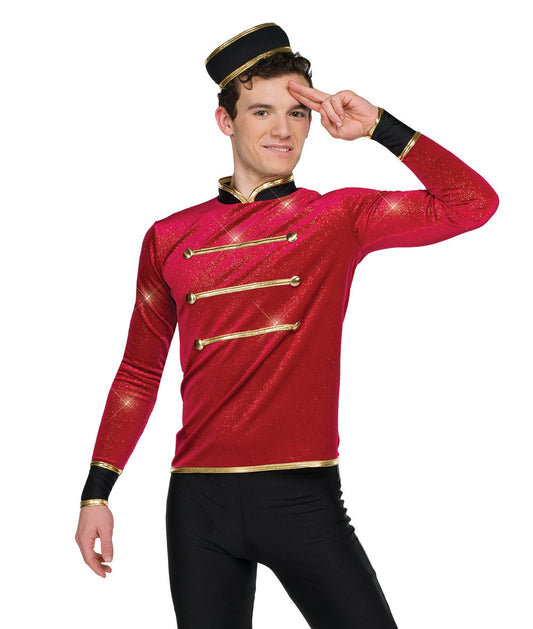 H668 Hot Chocolate Guy Top – Red Glitter Velvet Nutcracker Soldier Dance Costume for Boys & Men