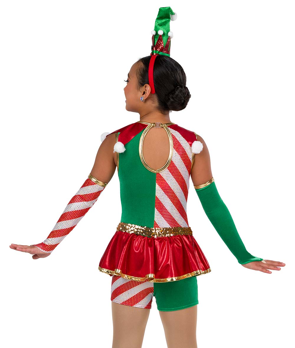 H672 The Jolliest Elf – Holiday Elf Shortall Dance Costume with Pom Poms and Skirt