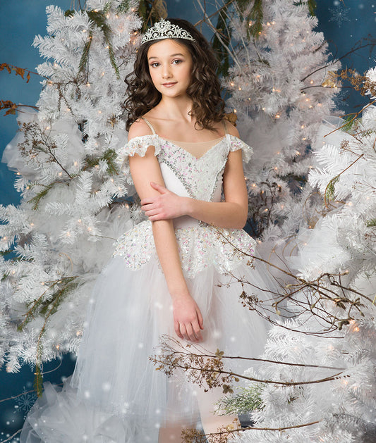 2V2118Y Symphony – White Velvet & Tulle Ballet Costume with Sequin Mesh and Tutu Skirt