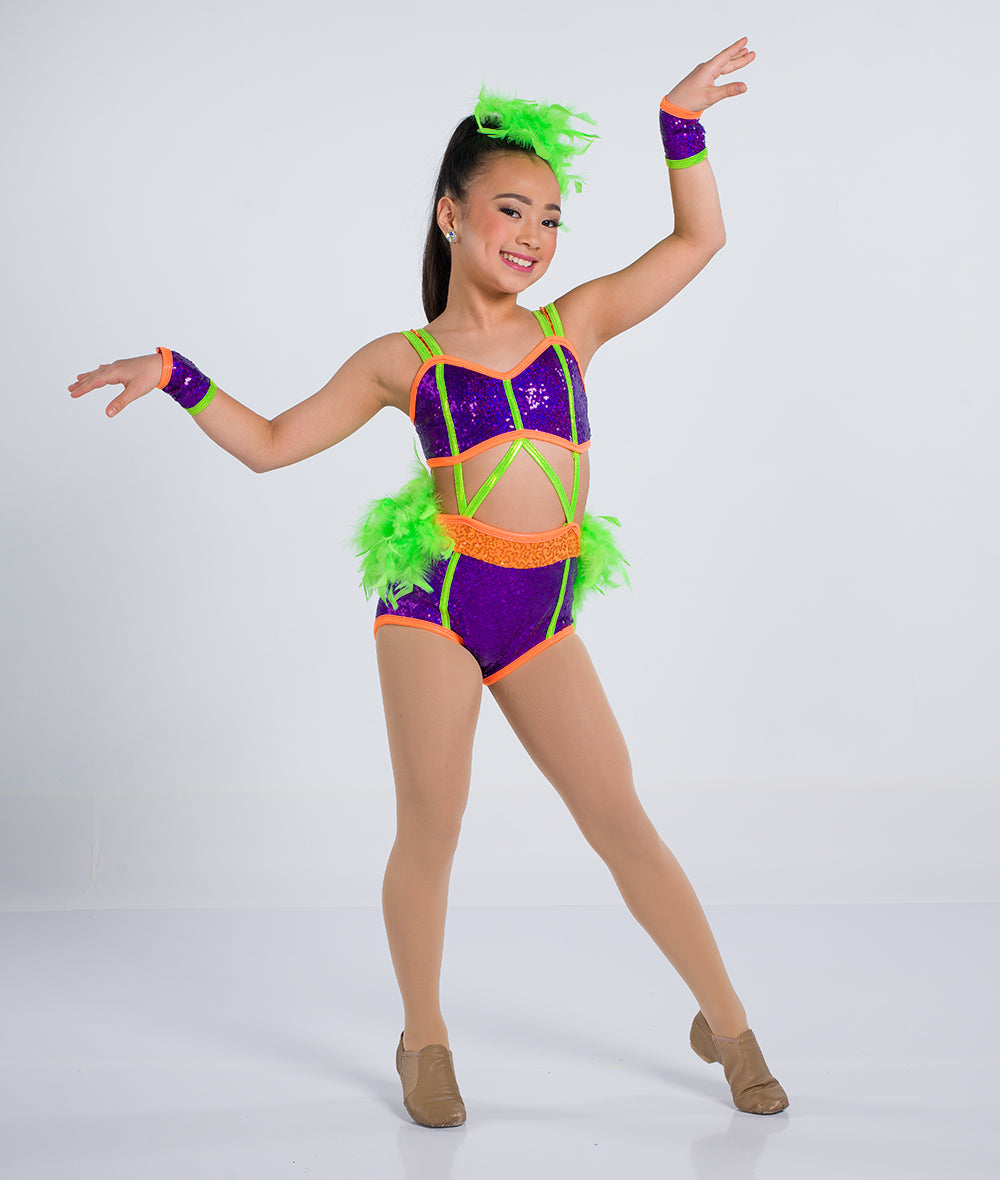 C124 Livin' La Vida Loca – Sequin Spandex Dance Costume Leotard with Open Midriff & Boa Back Skirt for Competition, Recital & Stage Performance