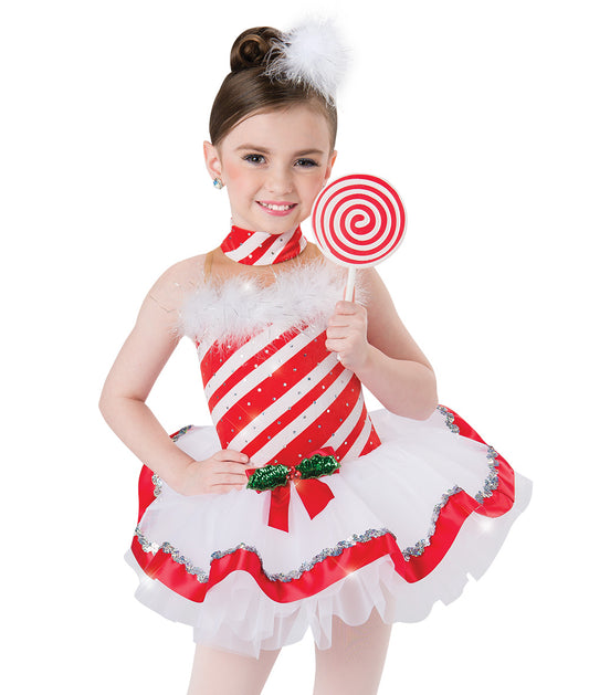 H533Y Peppermint Cane Short Tutu – Holiday Striped Leotard with Red & White Tutu