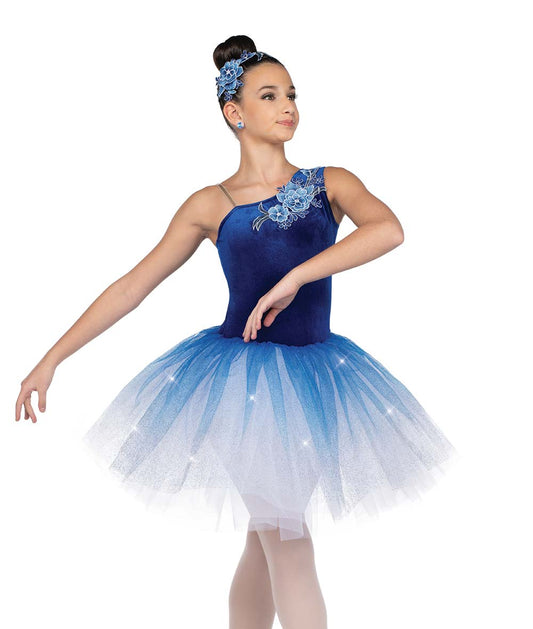 24139Y La Danse – Royal Blue Velvet Ballet Costume with Floral Appliqué and Glitter Tutu