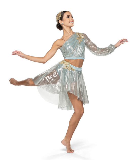 25145Y Whatever Comes Next – Mint Green Lyrical Dance Costume with One-Sleeve Foil Mesh and Floral Appliqué