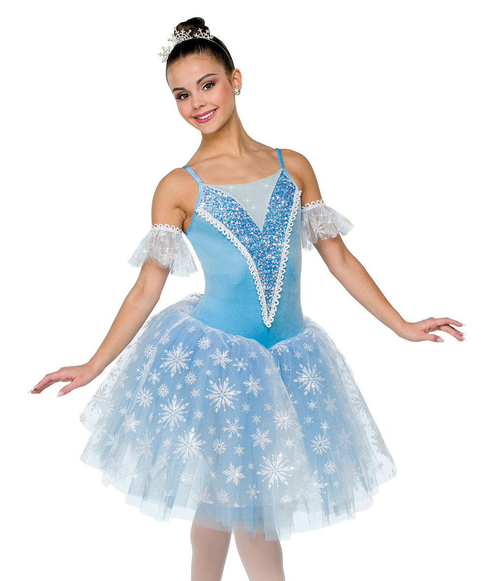 H701 Snowing – Ice Blue Ballet Tutu Dress with Snowflake Mesh and Sequin Trim for Winter Recitals