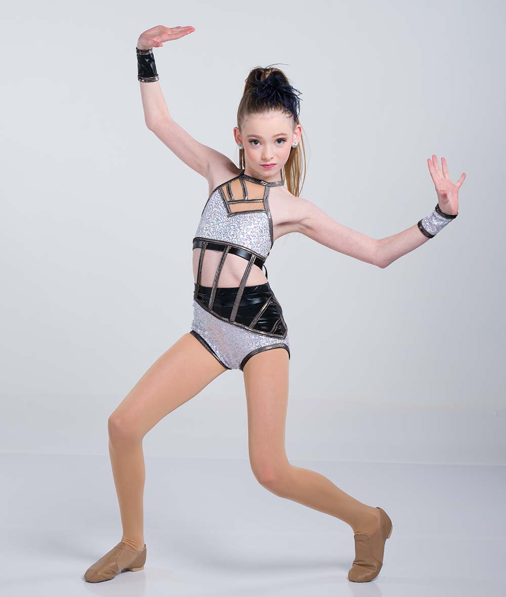 C103 Elevate – Sequin Spandex Foil Dance Costume Leotard with Open Midriff for Competition, Recital & Stage Performance