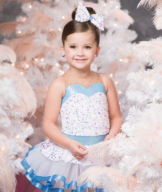 H602 Marshmallow World – White Holiday Dance Costume with Sparkly Tutu and Bow