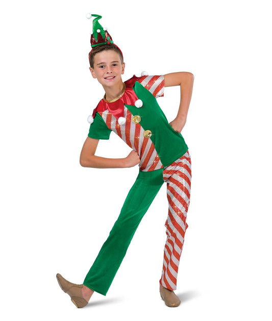 H673 The Jolliest Elf Guy – Boys' Holiday Elf Dance Costume with Pom Poms and Headband
