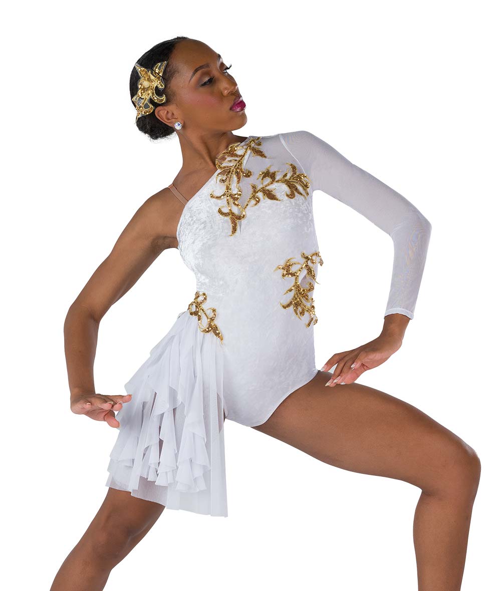 26144Y Waking Up Slow – Asymmetrical Crushed Velvet Lyrical Dance Costume with Mesh Sleeve and Sequin Appliques